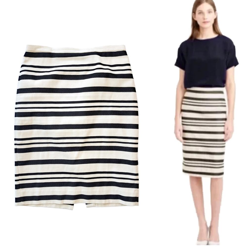 J CREW The Pencil Skirt Black Cream Stripe Size 8 Business Casual Preppy